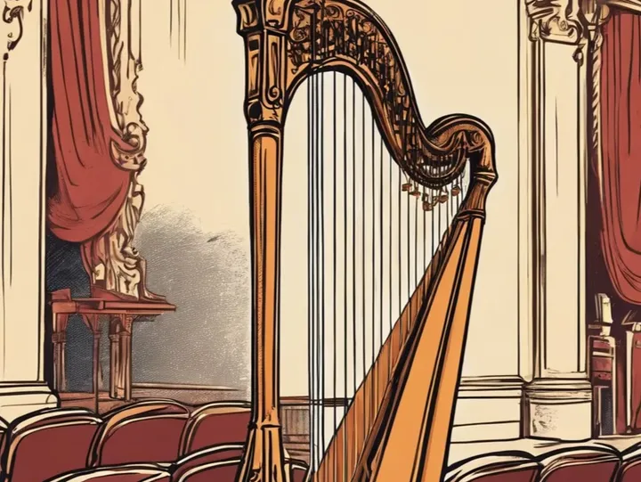 A cartoonified beige harp with red seats and a theatre stage in the background.