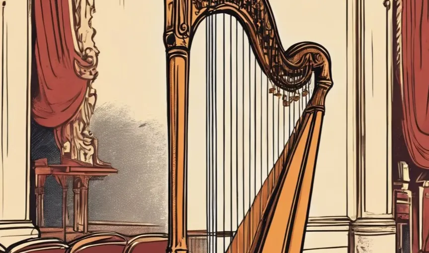 A cartoonified beige harp with red seats and a theatre stage in the background.