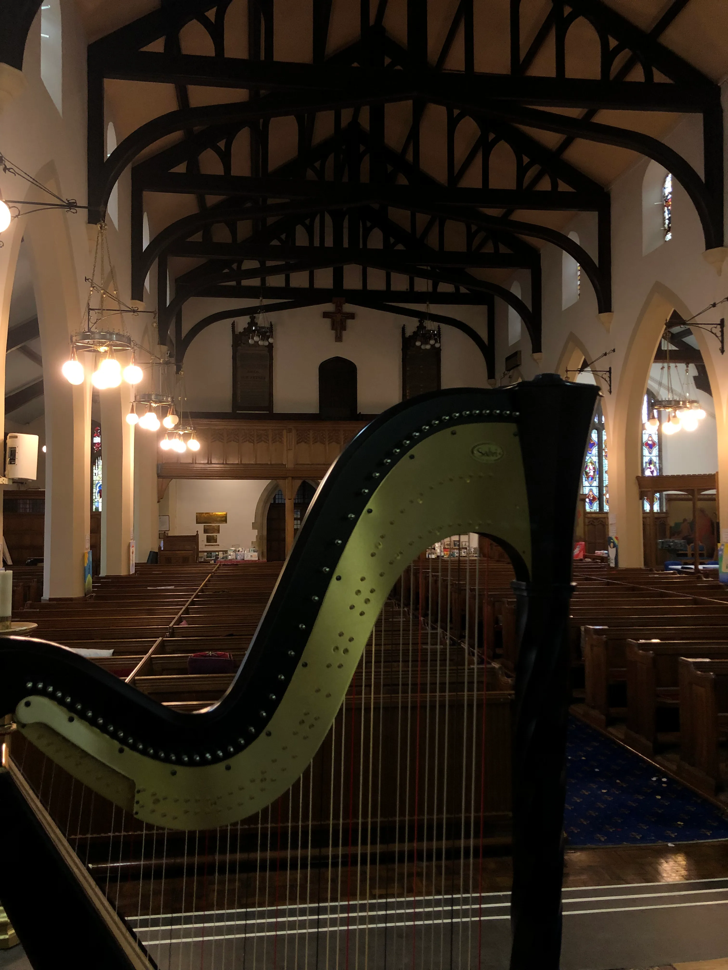 Angharad's harp in a church.