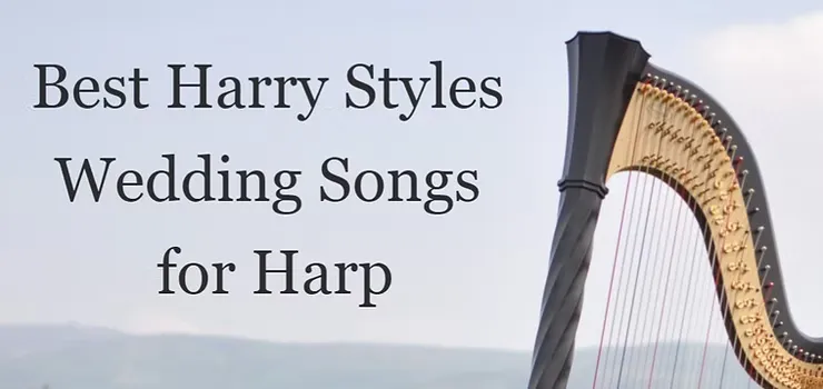 'Best Harry Styles Wedding Songs for Harp' written in the clouds, behind Angharad's black apollo harp.