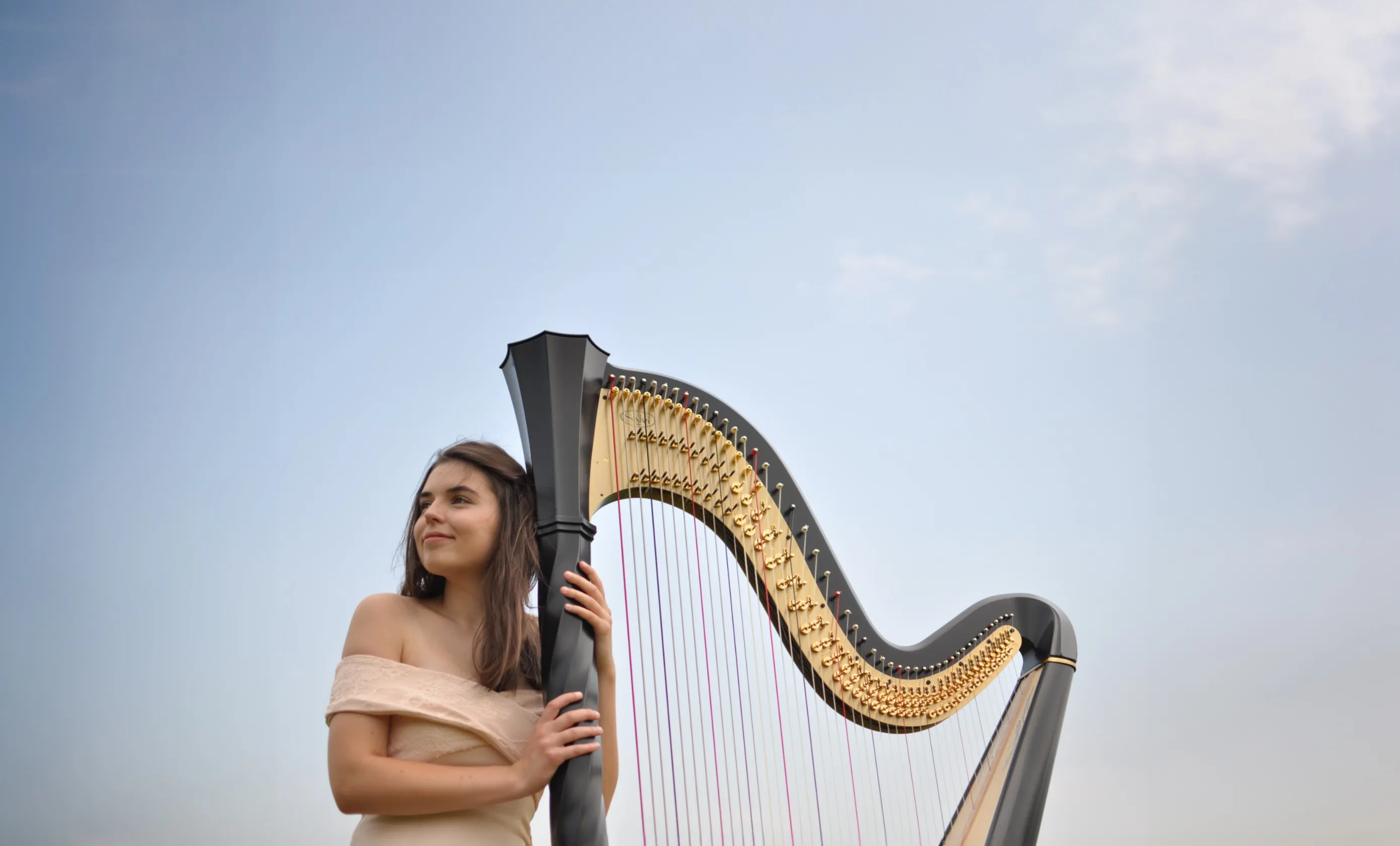 Angharad posing with her black Salvi Apollo harp with the blue sky in the background