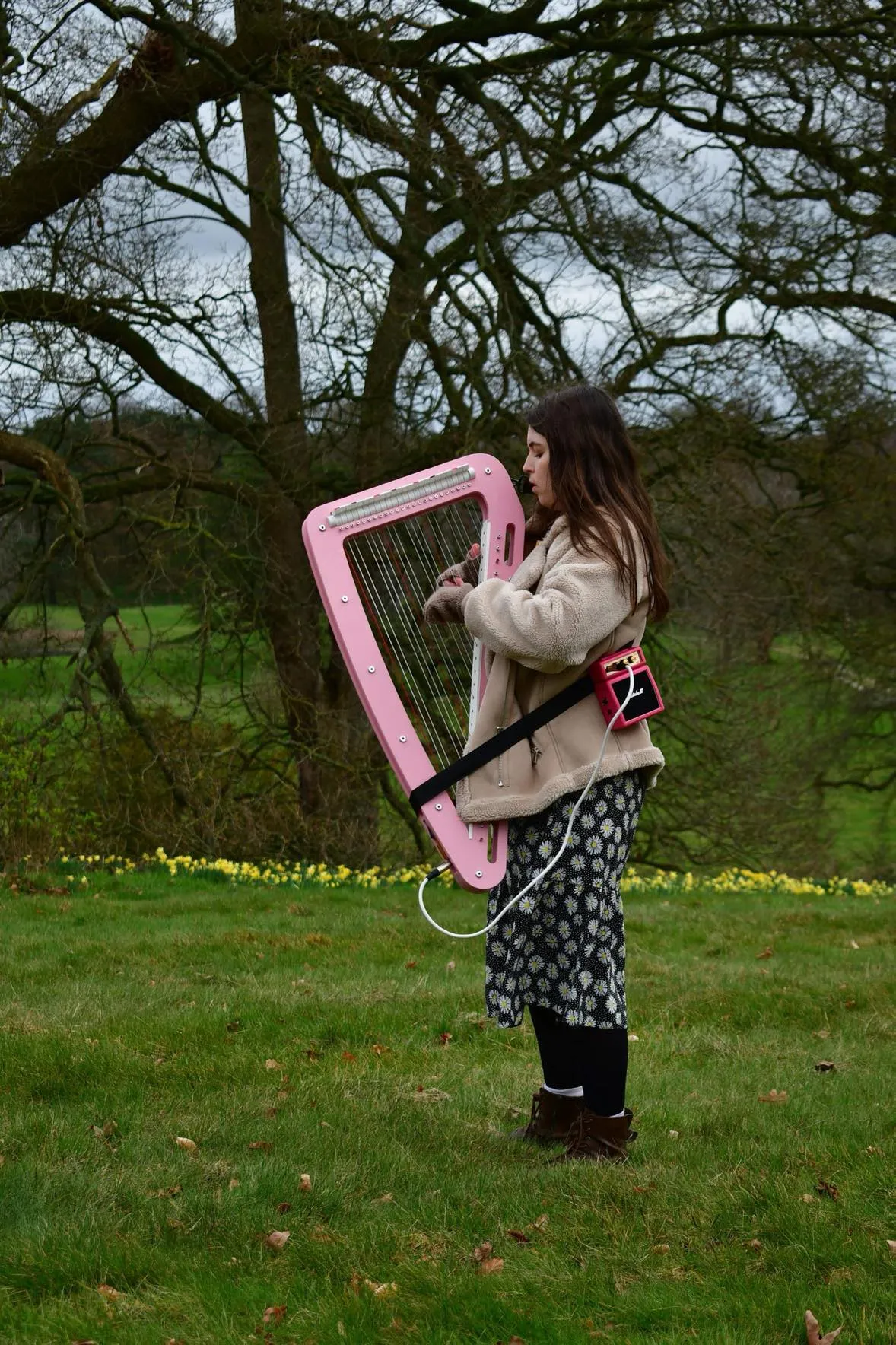 Angharad playing her Harp-E in a field for mother's day