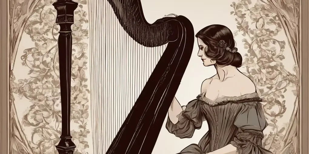 A harpist in Bridgerton-esque clothing sat next to a black harp, in a sketched-out art style.