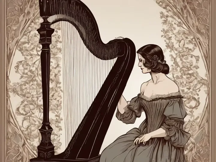 A harpist in Bridgerton-esque clothing sat next to a black harp, in a sketched-out art style.